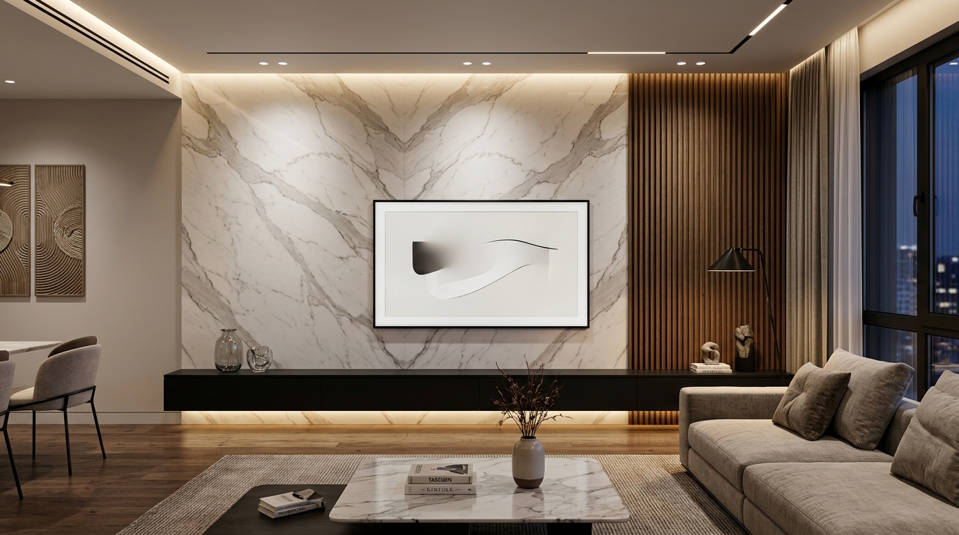 Living Room TV Console and Marble Cladding